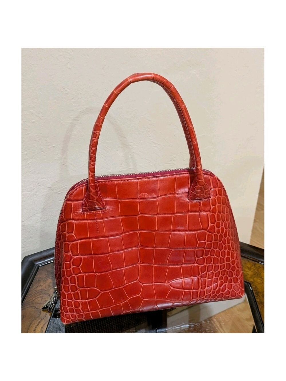 Furla Made In Italy Red Leather Alligator Handbag